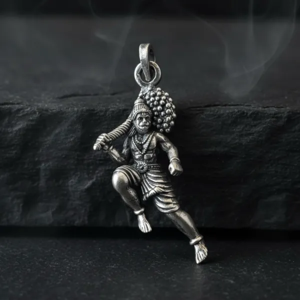 Veer Hanuman Full-Body Oxidised Silver Pendant – Handcrafted Real Silver